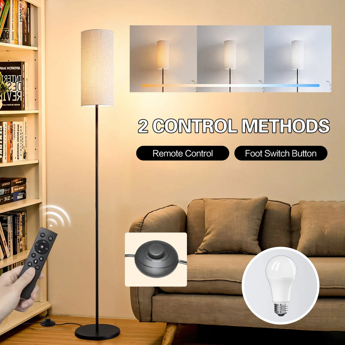 Dimmable Fabric Floor Lamp with Remote for Cozy Living Rooms and Bedrooms