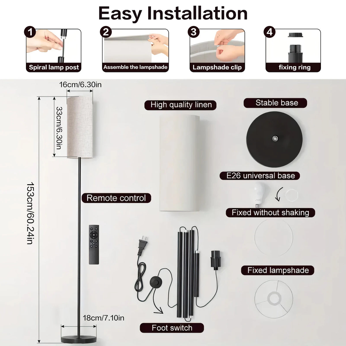 Dimmable Fabric Floor Lamp with Remote for Cozy Living Rooms and Bedrooms